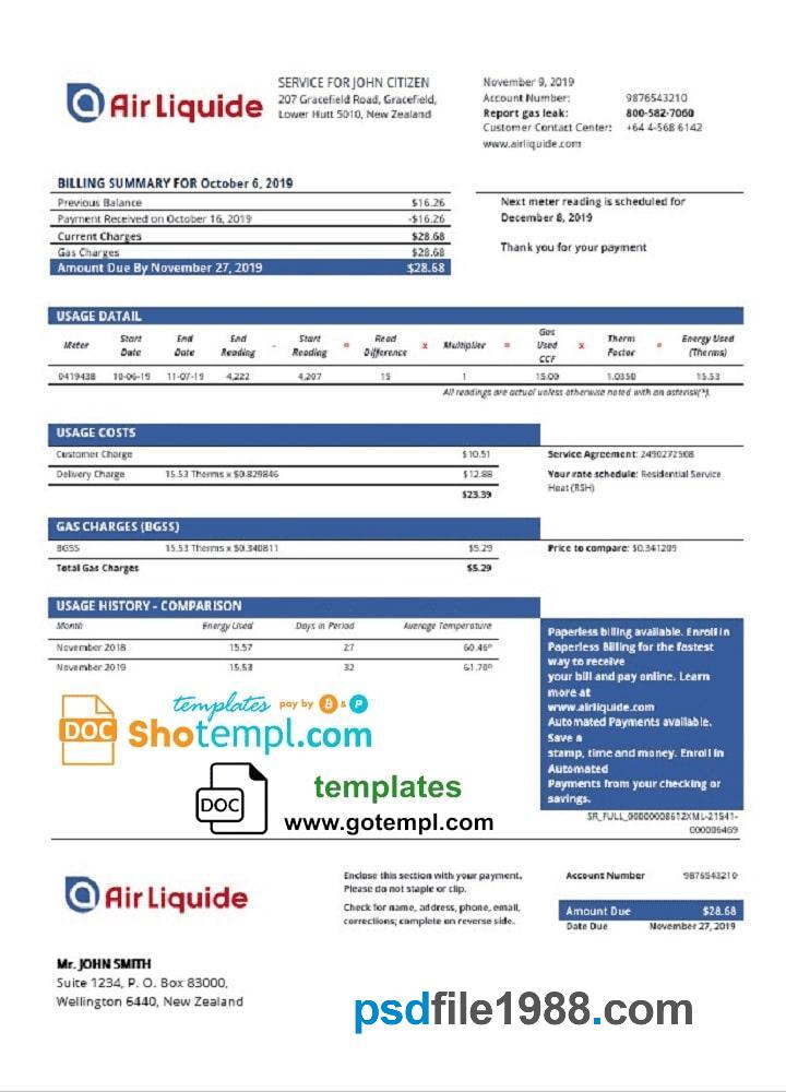 New Zealand Air Liquide Gas Utility Bill